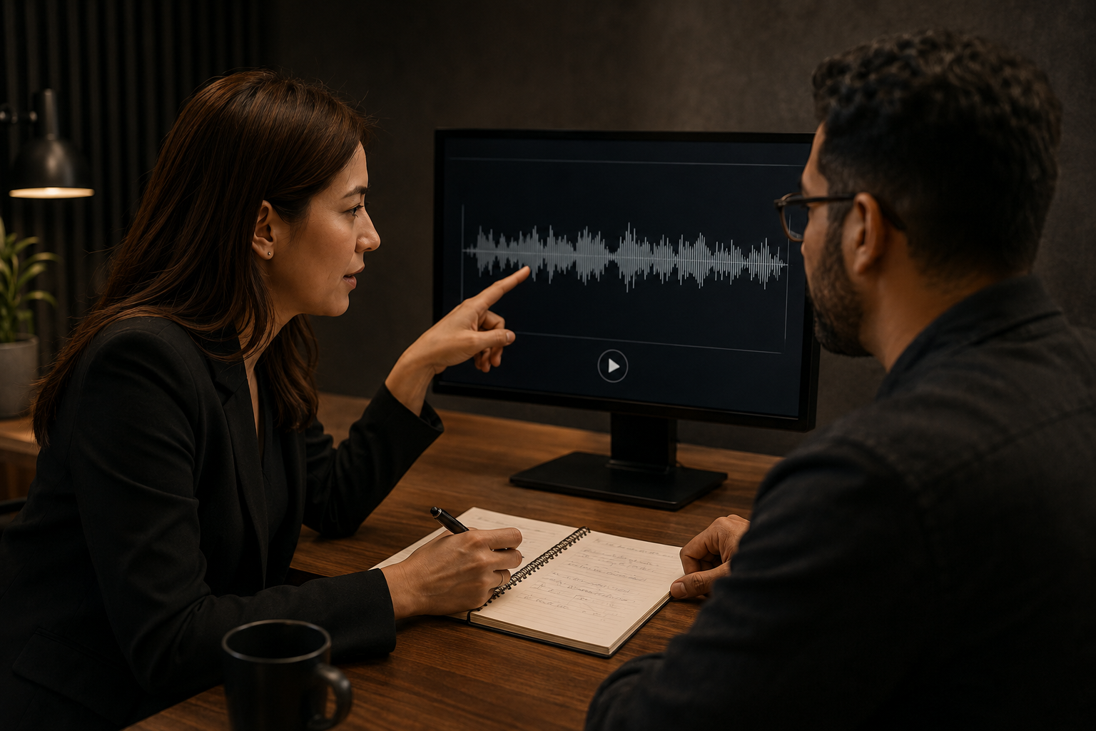 An expert coach reviewing a speaking recording and giving feedback