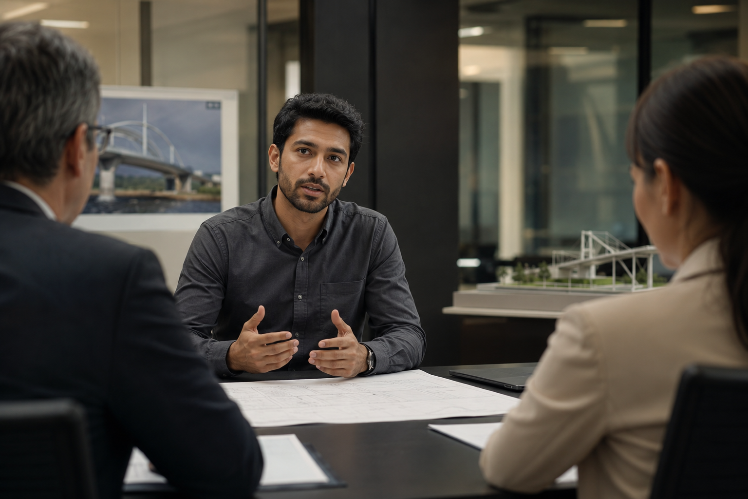 A candidate answering questions in a professional job interview