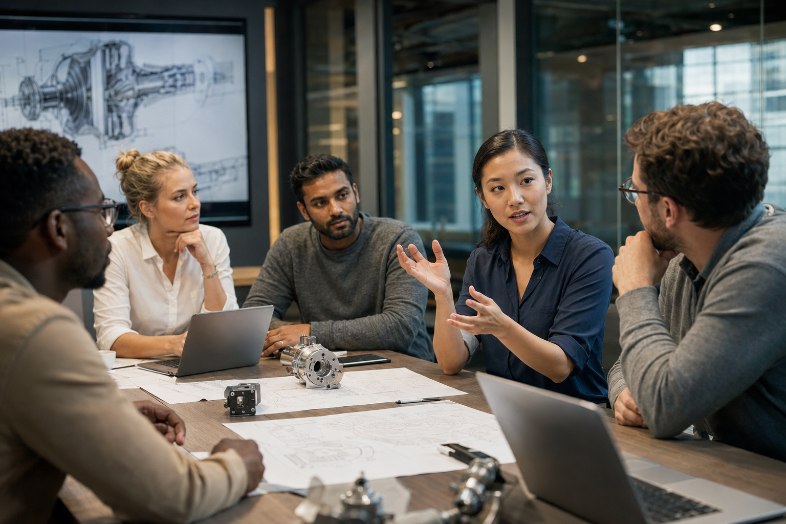 A professional explaining an idea in an international team meeting