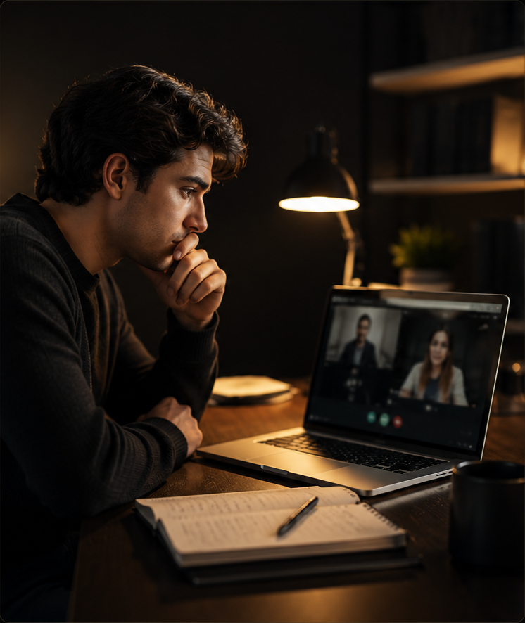 A focused student preparing for an English video conversation at a laptop