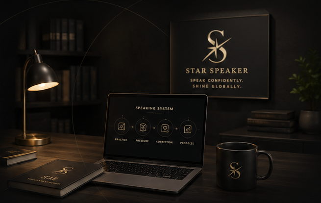 A premium Star Speaker desk scene with a laptop, lamp, notebook, mug, and wall plaque.
