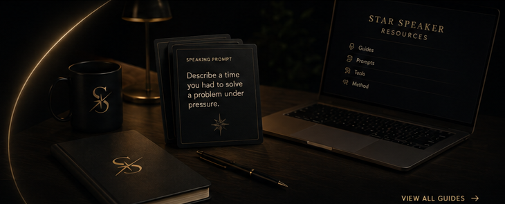 Premium Star Speaker resource desk with prompt cards, notebook, mug, and laptop